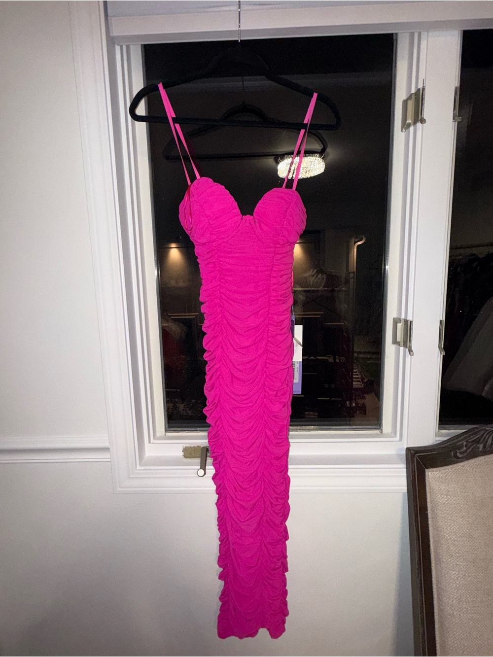 Ruched Fuchsia Spaghetti-Strap Midi Dress